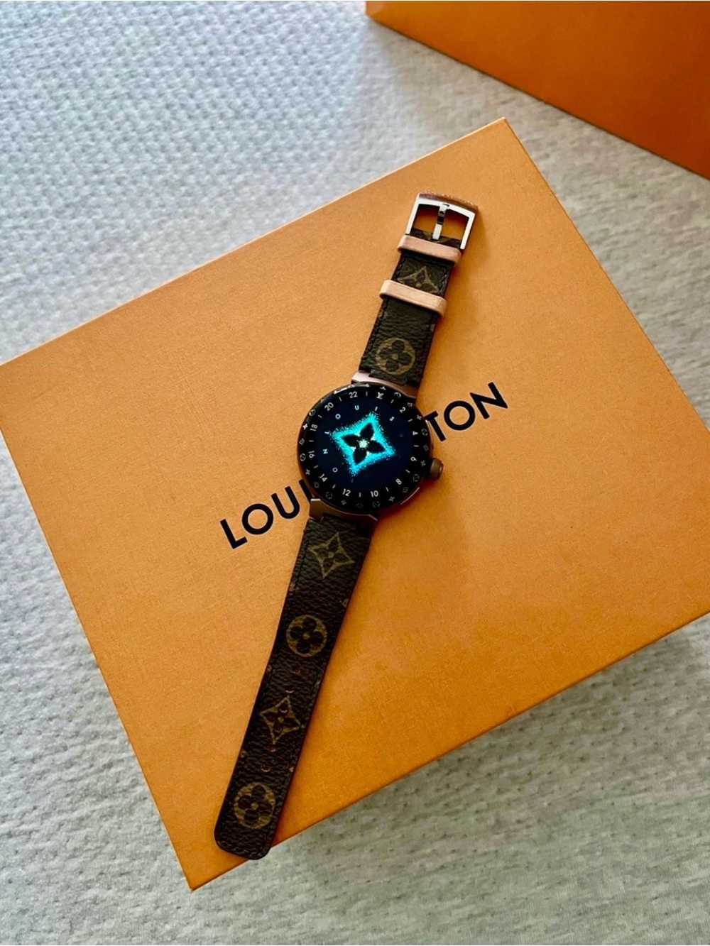 Louis Vuitton Brown Monogram Smartwatch with Black Dial and Blue Display Accent